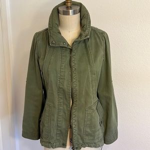 Democracy Olive Green Utility Jacket SZ M w/Zip Front Convertible Hood & Slvs